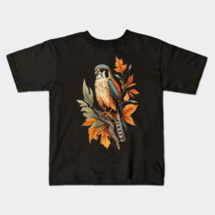 American Kestrel Bird with Autumn Leaves Nature Art Kids T-Shirt