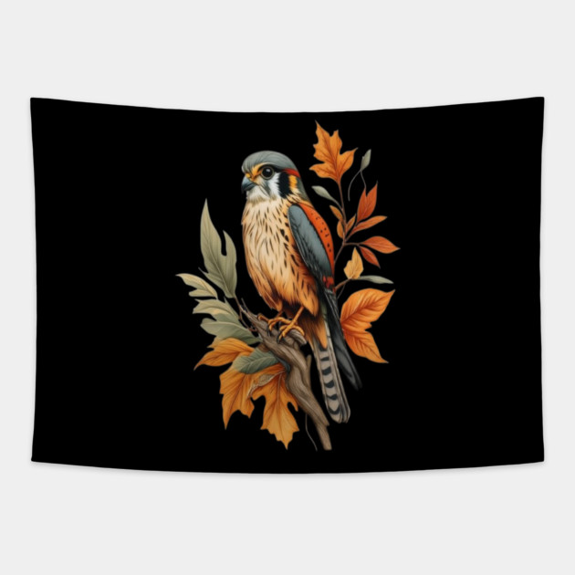 American Kestrel Bird with Autumn Leaves Nature Art Tapestry by BirdsnStuff