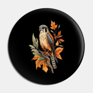 American Kestrel Bird with Autumn Leaves Nature Art Pin