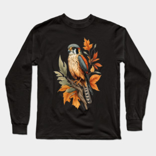American Kestrel Bird with Autumn Leaves Nature Art Long Sleeve T-Shirt