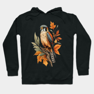 American Kestrel Bird with Autumn Leaves Nature Art Hoodie