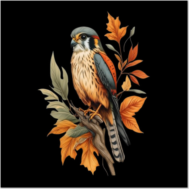 American Kestrel Bird with Autumn Leaves Nature Art Wall Art by BirdsnStuff