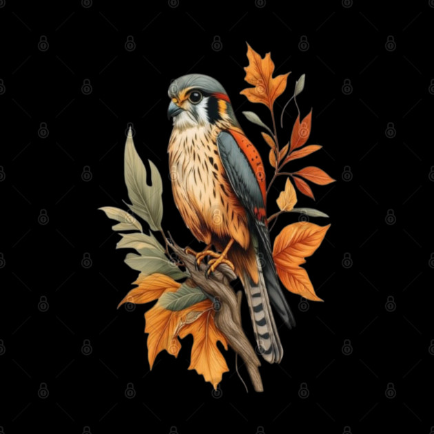 American Kestrel Bird with Autumn Leaves Nature Art by BirdsnStuff