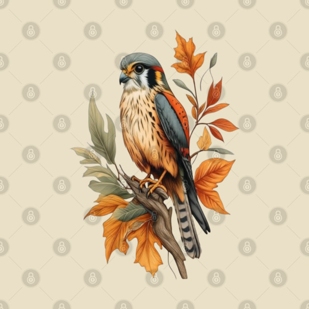 American Kestrel Bird with Autumn Leaves Nature Art by BirdsnStuff