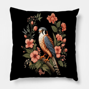 American Kestrel with Pink Floral Nature Design Pillow