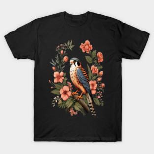 American Kestrel with Pink Floral Nature Design T-Shirt