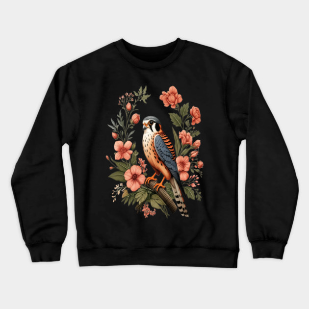 American Kestrel with Pink Floral Nature Design Crewneck Sweatshirt by BirdsnStuff