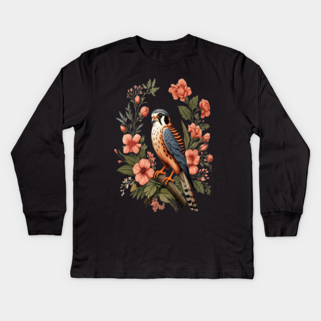 American Kestrel with Pink Floral Nature Design Kids Long Sleeve T-Shirt by BirdsnStuff
