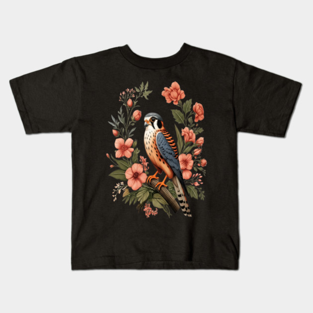 American Kestrel with Pink Floral Nature Design Kids T-Shirt by BirdsnStuff