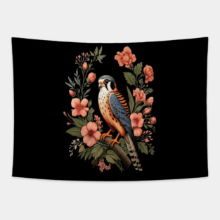 American Kestrel with Pink Floral Nature Design Tapestry