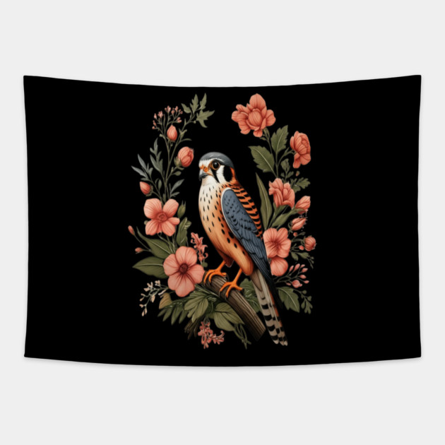 American Kestrel with Pink Floral Nature Design Tapestry by BirdsnStuff