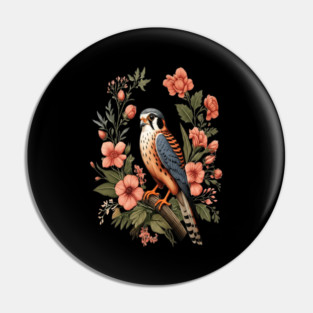 American Kestrel with Pink Floral Nature Design Pin