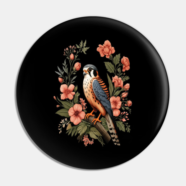 American Kestrel with Pink Floral Nature Design Pin by BirdsnStuff
