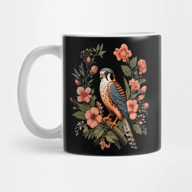 American Kestrel with Pink Floral Nature Design by BirdsnStuff