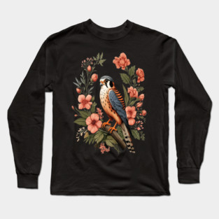American Kestrel with Pink Floral Nature Design Long Sleeve T-Shirt
