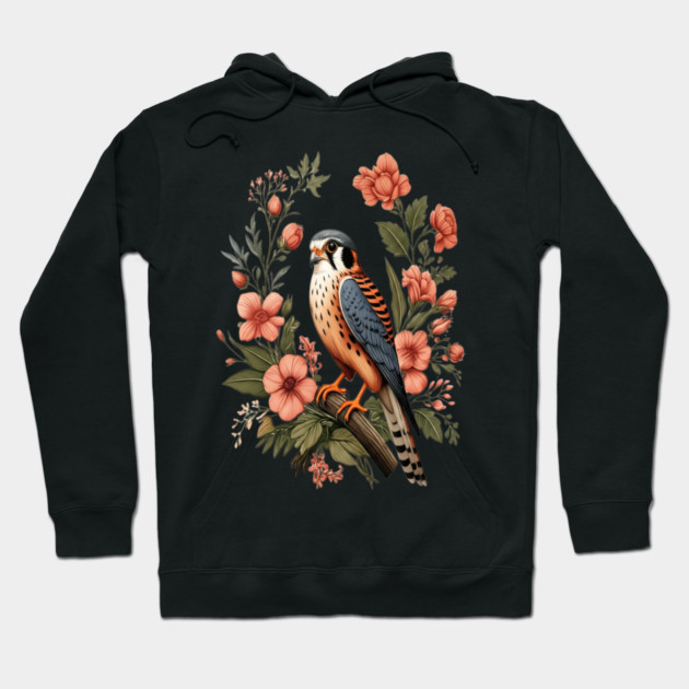 American Kestrel with Pink Floral Nature Design Hoodie by BirdsnStuff