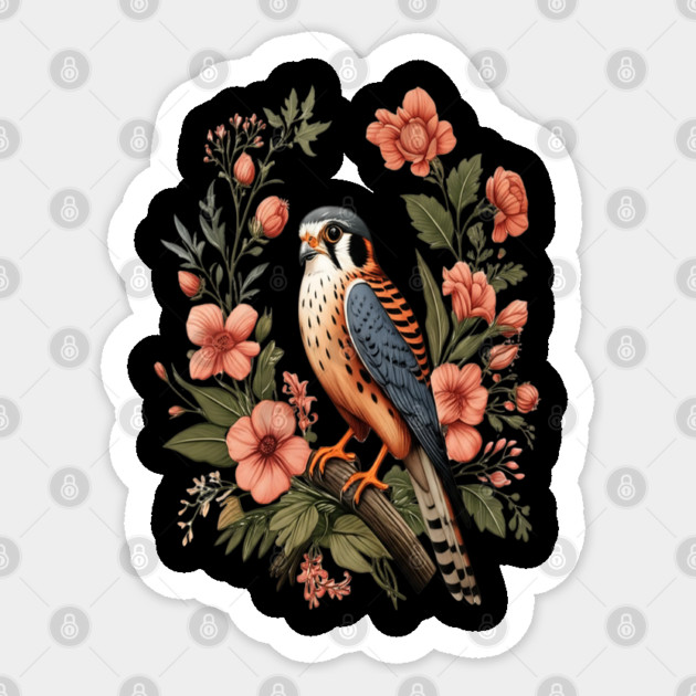 American Kestrel with Pink Floral Nature Design Sticker by BirdsnStuff