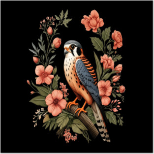 American Kestrel with Pink Floral Nature Design Posters and Art