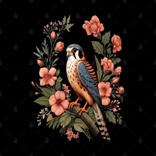 American Kestrel with Pink Floral Nature Design by BirdsnStuff