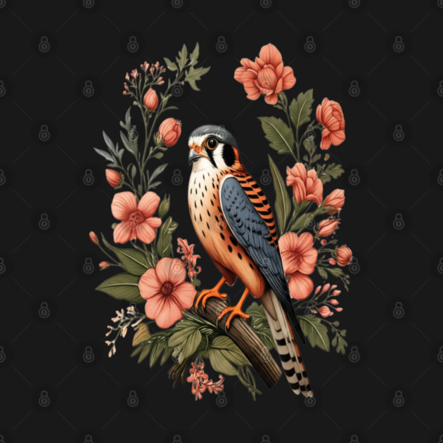 American Kestrel with Pink Floral Nature Design by BirdsnStuff