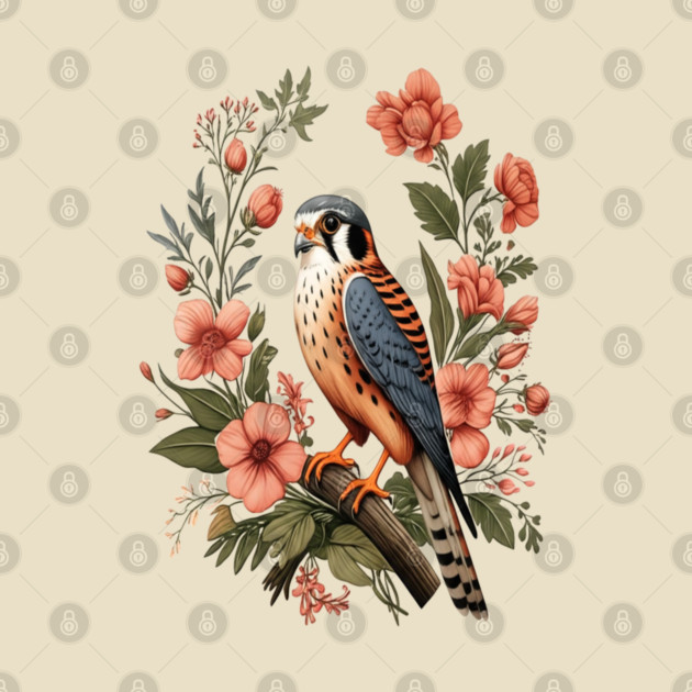 American Kestrel with Pink Floral Nature Design by BirdsnStuff