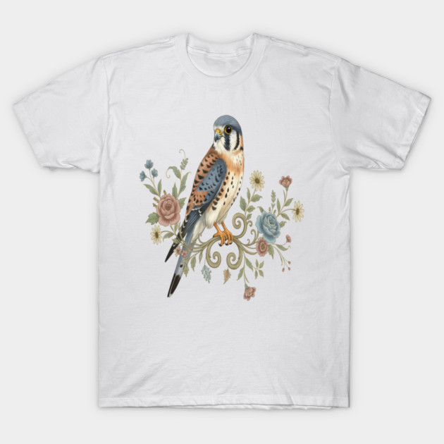 American Kestrel with Vintage Floral Accents T-Shirt by BirdsnStuff