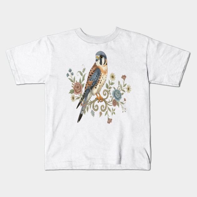 American Kestrel with Vintage Floral Accents Kids T-Shirt by BirdsnStuff