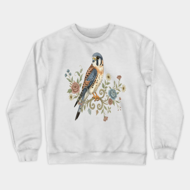 American Kestrel with Vintage Floral Accents Crewneck Sweatshirt by BirdsnStuff