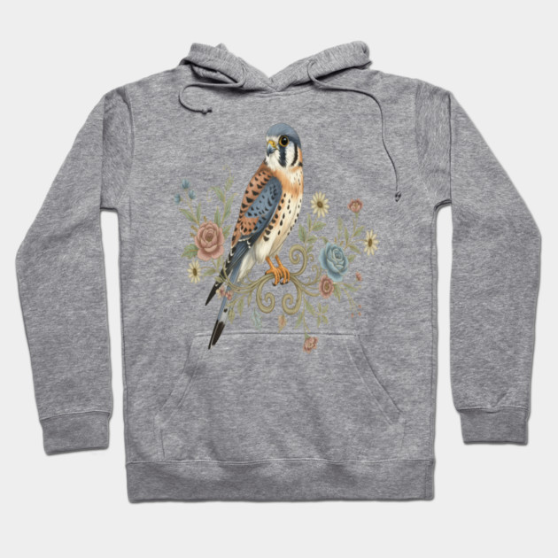 American Kestrel with Vintage Floral Accents Hoodie by BirdsnStuff