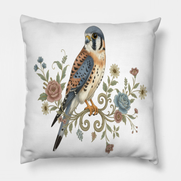 American Kestrel with Vintage Floral Accents Pillow by BirdsnStuff