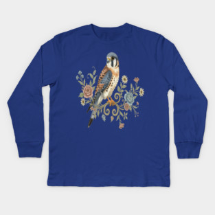 American Kestrel with Vintage Floral Accents Kids Long Sleeve T-Shirt