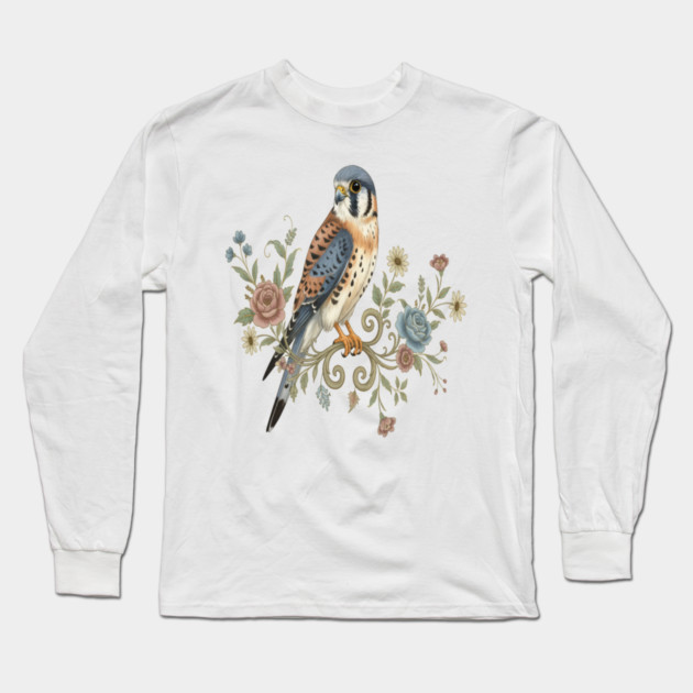 American Kestrel with Vintage Floral Accents Long Sleeve T-Shirt by BirdsnStuff