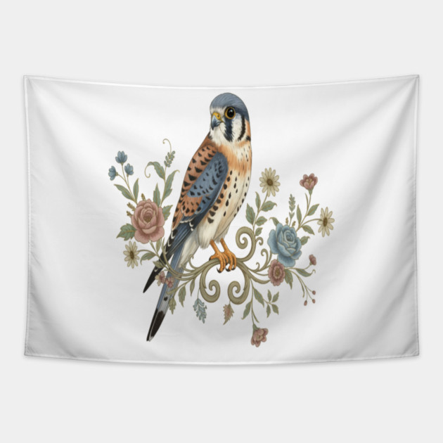American Kestrel with Vintage Floral Accents Tapestry by BirdsnStuff