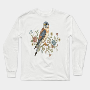 American Kestrel with Vintage Floral Accents Long Sleeve T-Shirt