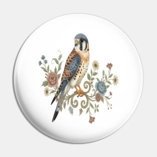 American Kestrel with Vintage Floral Accents Pin