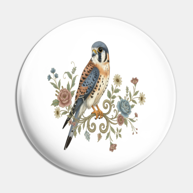 American Kestrel with Vintage Floral Accents Pin by BirdsnStuff