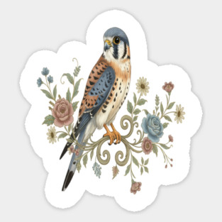 American Kestrel with Vintage Floral Accents Sticker