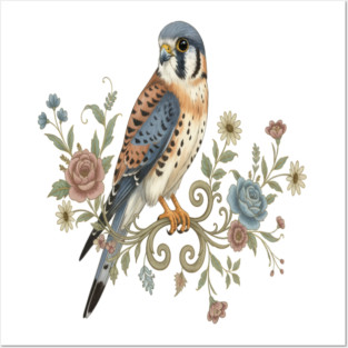 American Kestrel with Vintage Floral Accents Posters and Art