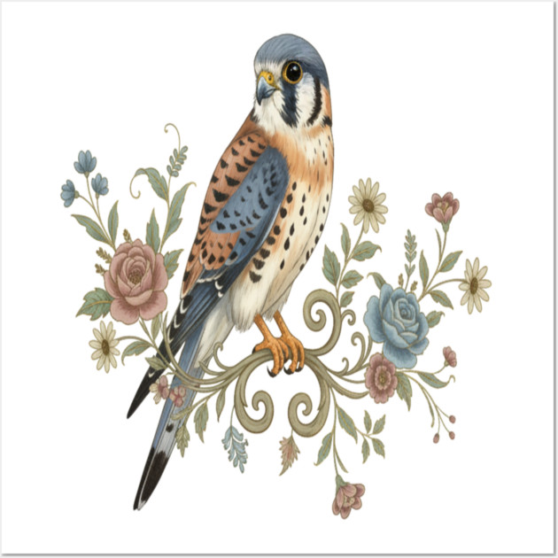 American Kestrel with Vintage Floral Accents Wall Art by BirdsnStuff