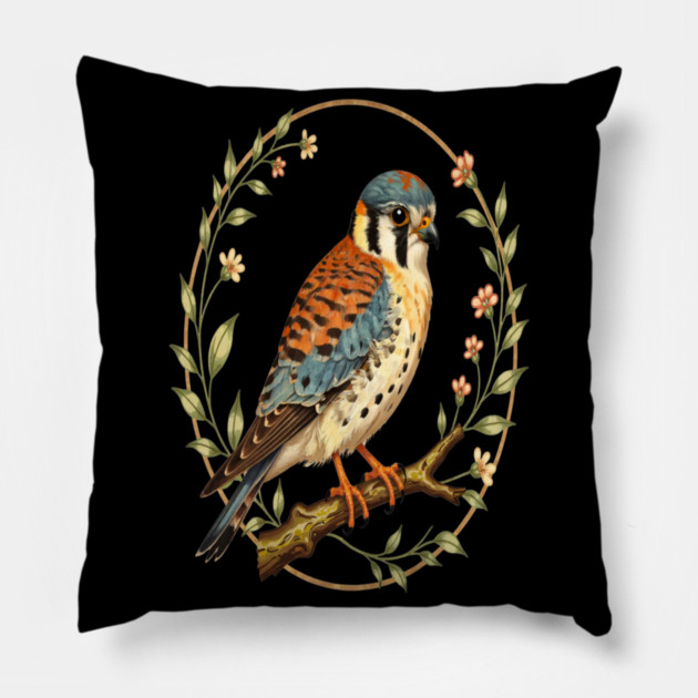 American Kestrel Framed with Floral Wreath Design Pillow by BirdsnStuff