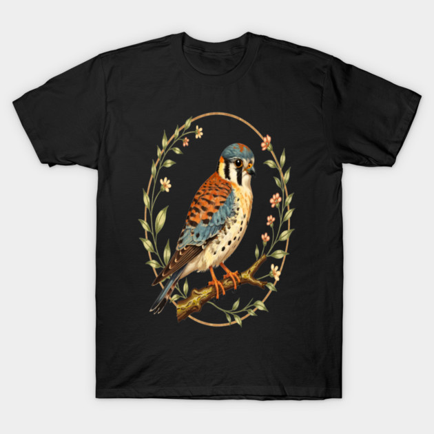 American Kestrel Framed with Floral Wreath Design T-Shirt by BirdsnStuff