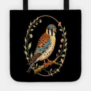 American Kestrel Framed with Floral Wreath Design Tote