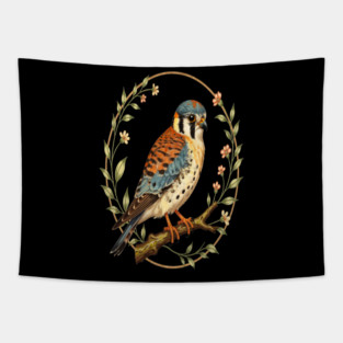American Kestrel Framed with Floral Wreath Design Tapestry