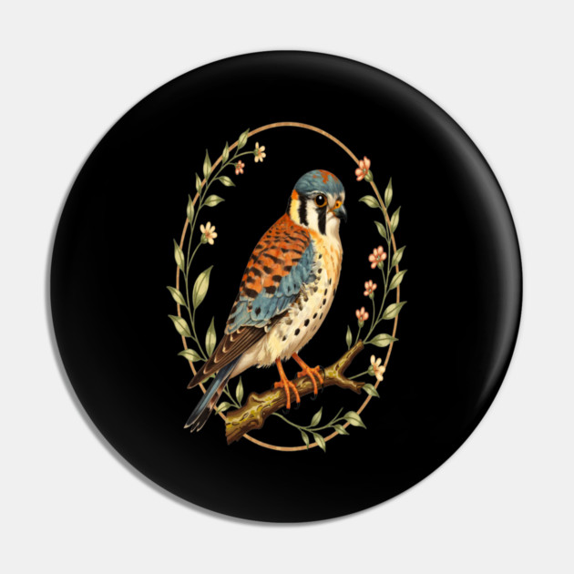 American Kestrel Framed with Floral Wreath Design Pin by BirdsnStuff