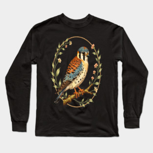 American Kestrel Framed with Floral Wreath Design Long Sleeve T-Shirt