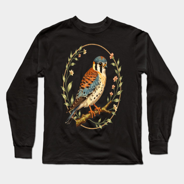 American Kestrel Framed with Floral Wreath Design Long Sleeve T-Shirt by BirdsnStuff