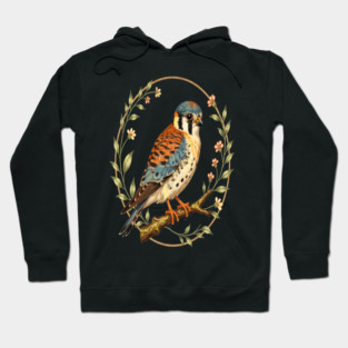 American Kestrel Framed with Floral Wreath Design Hoodie