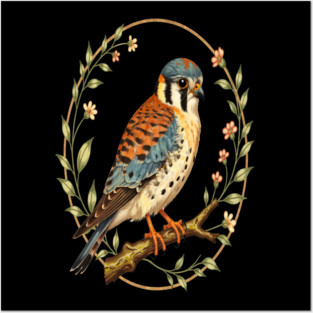 American Kestrel Framed with Floral Wreath Design Posters and Art