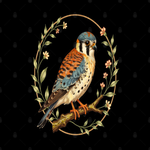 American Kestrel Framed with Floral Wreath Design by BirdsnStuff