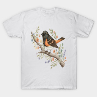 American Redstart Bird with Flowers and Leaves T-Shirt